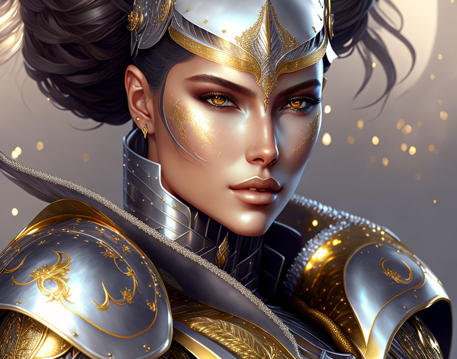 Digital art portrait of a woman in golden armor and helmet on warm background