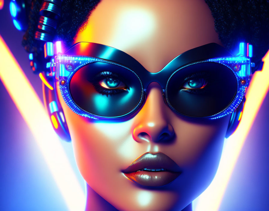 Stylized woman with futuristic sunglasses under neon lights