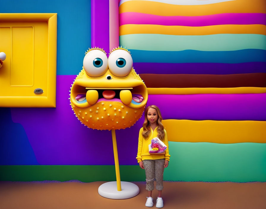 Colorful Cartoon-Style Monster Mailbox Next to Person