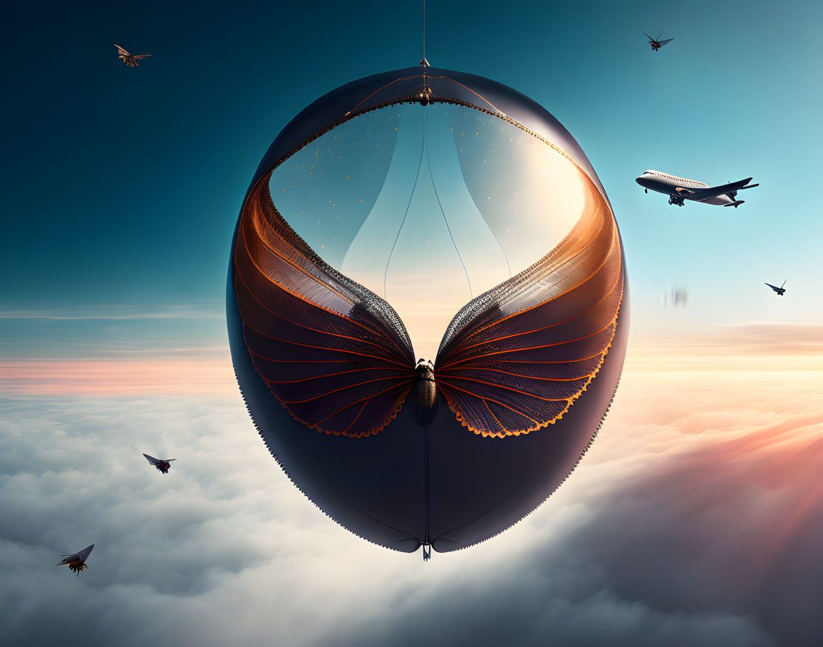 Surreal zeppelin-shaped butterfly floating with birds at dusk.