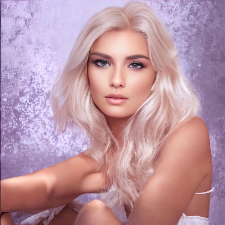 Portrait of a woman with platinum blonde hair and striking makeup on textured backdrop