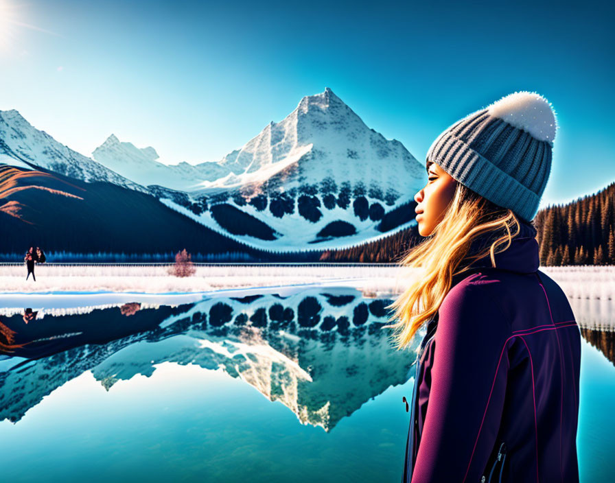 Woman in winter hat and jacket admiring mountain reflection in clear lake under blue sky