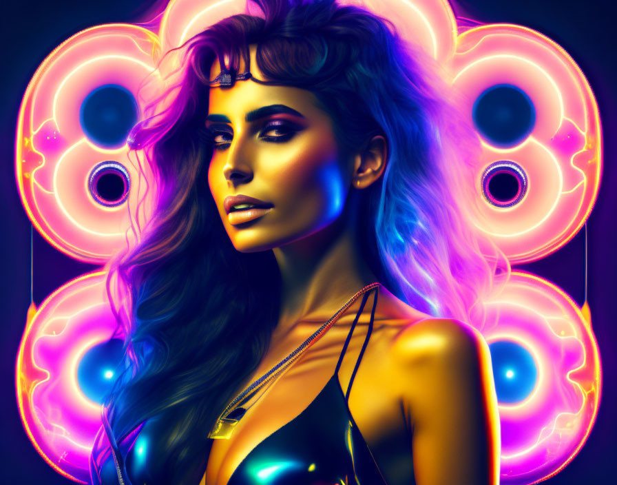 Stylized portrait of woman with blue and purple lighting and neon speakers