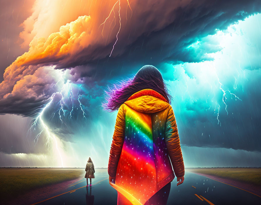 Vibrant rainbow jacket person faces storm with lightning bolts on road