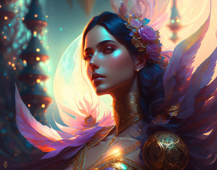 Blue-haired woman with floral hair accessories, golden jewelry, and radiant wings in a fantasy setting.