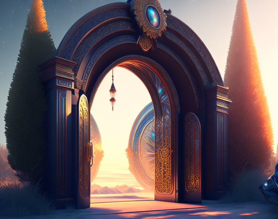 Ornate gateway leading to glowing magical landscape at dusk