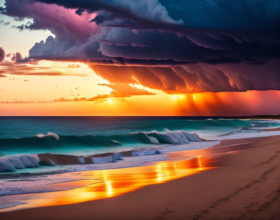 Vibrant beach sunset with dramatic shelf clouds and ocean reflections