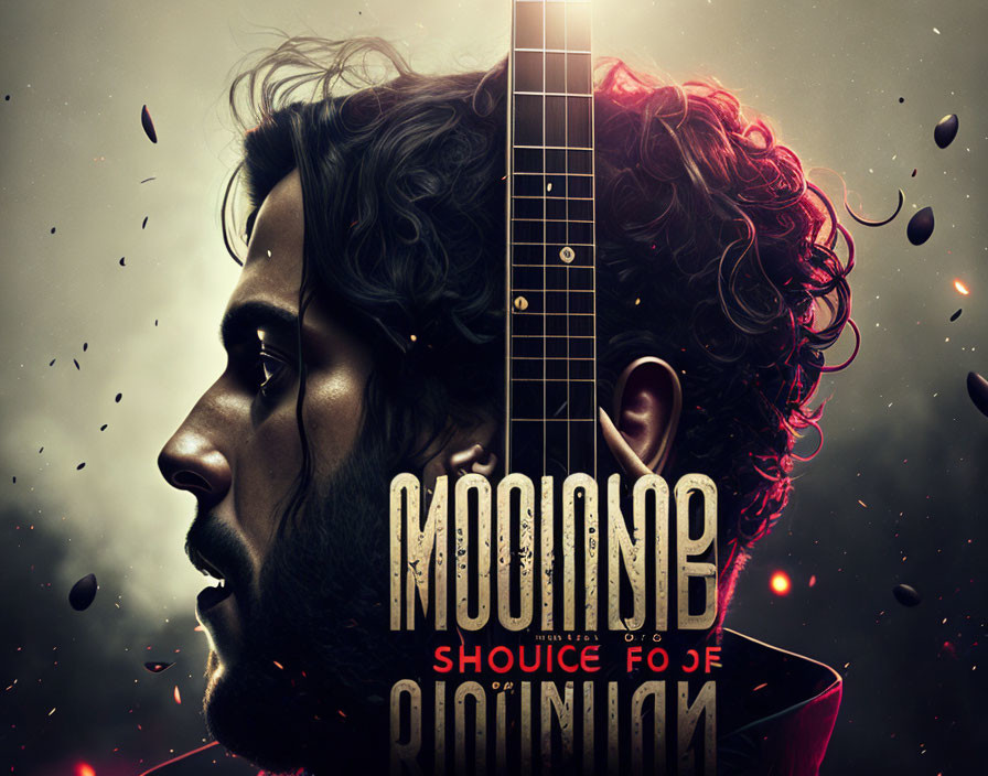 Man with Curly Hair and Guitar Neck Profile on Dark Background with Red Particles and Stylized