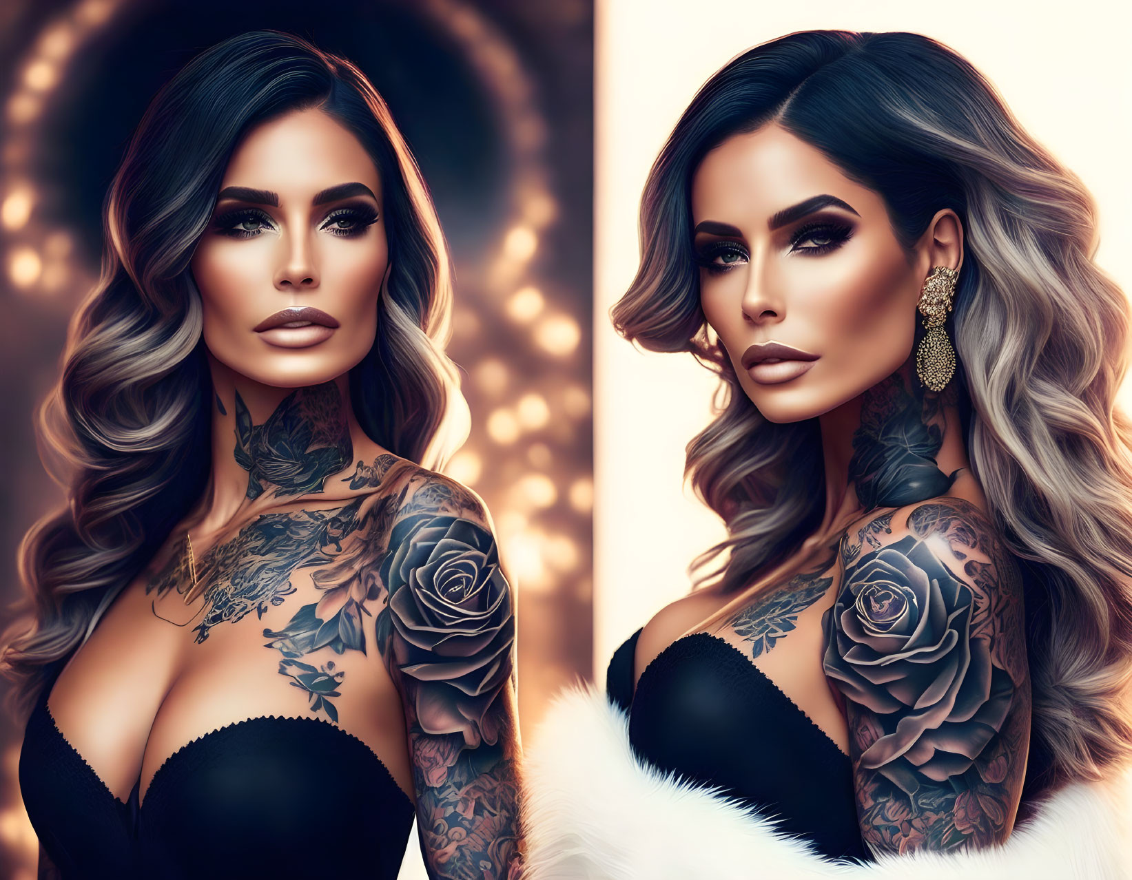 Woman with elaborate tattoos in black outfit and gold earring on soft bokeh background