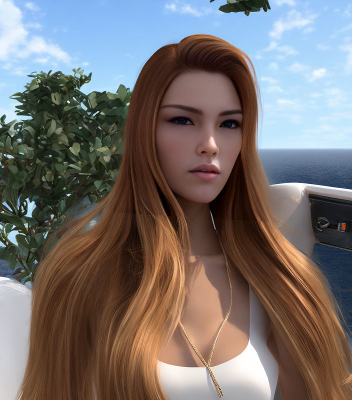 3D-rendered image of woman with auburn hair in white top by serene ocean