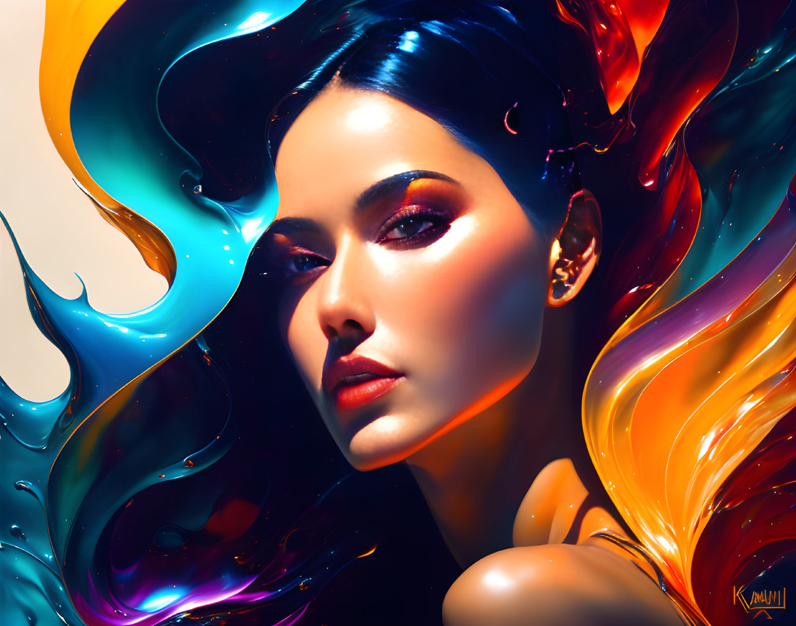 Colorful digital artwork: Woman with flowing multicolored hair and striking makeup