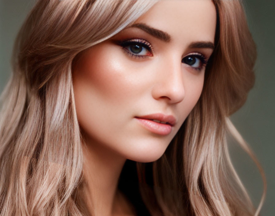 Close-Up Portrait of Woman with Soft Makeup, Wavy Blonde Hair, and Clear Blue Eyes