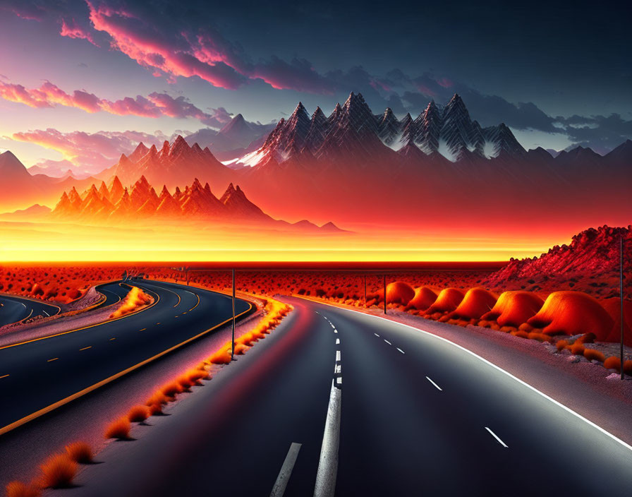 Scenic sunset over winding road and mountain range