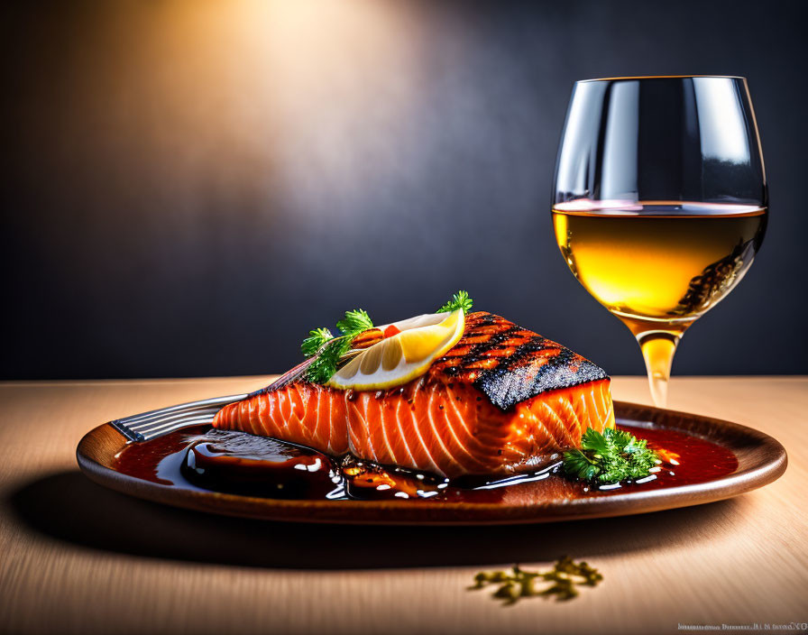 Fresh Grilled Salmon Fillet with Lemon, Parsley, and White Wine on Wooden Table