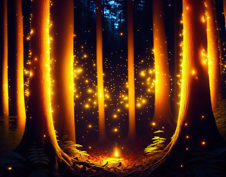 Enchanting night-time forest scene with illuminated trees and golden lights