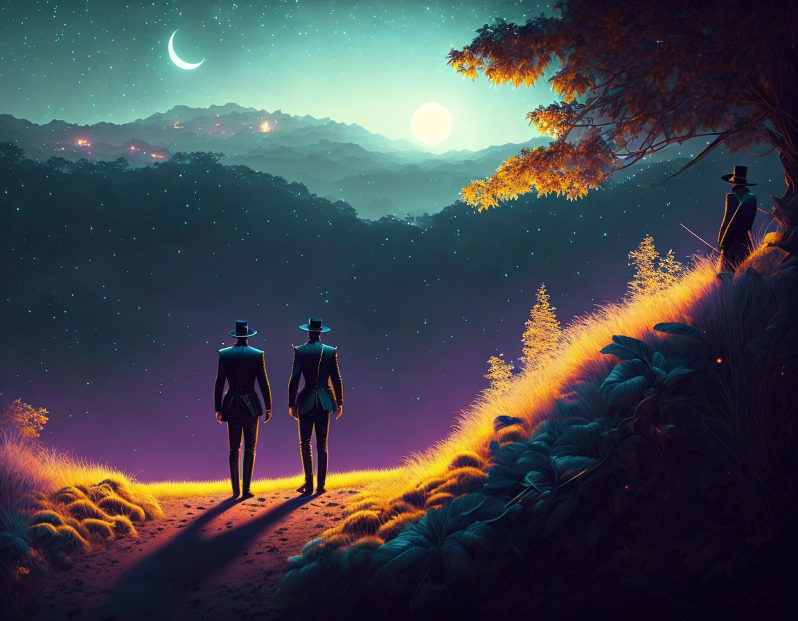 Silhouetted figures with hats in mystical nighttime landscape