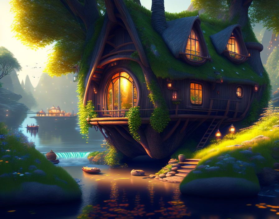 Enchanting Glowing Treehouse in Tranquil Forest