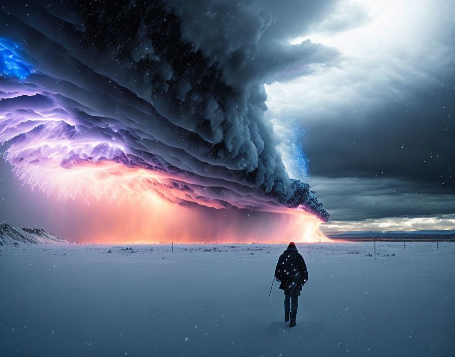 Dramatic image of person near erupting volcano with lightning in ash cloud