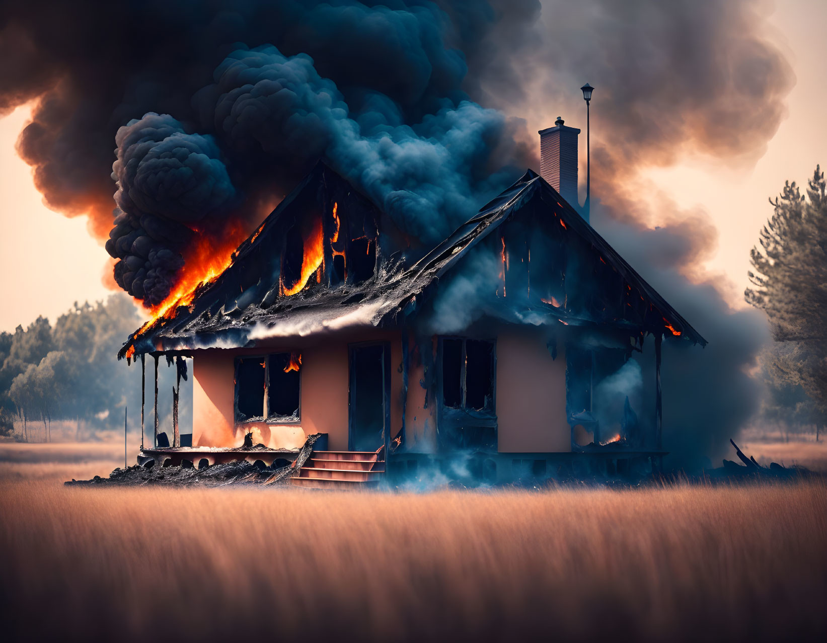 House on Fire Surrounded by Forest Under Dusky Sky