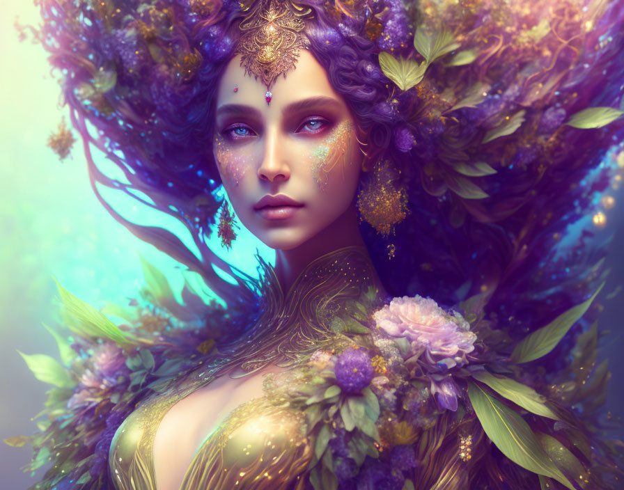 Fantasy portrait of woman with vibrant flowers and leaves, exuding ethereal ambiance.