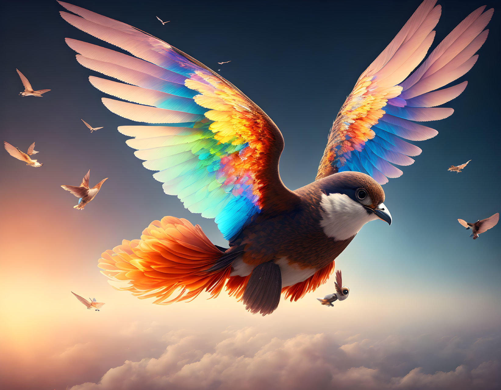 Colorful bird digital artwork flying in serene sky