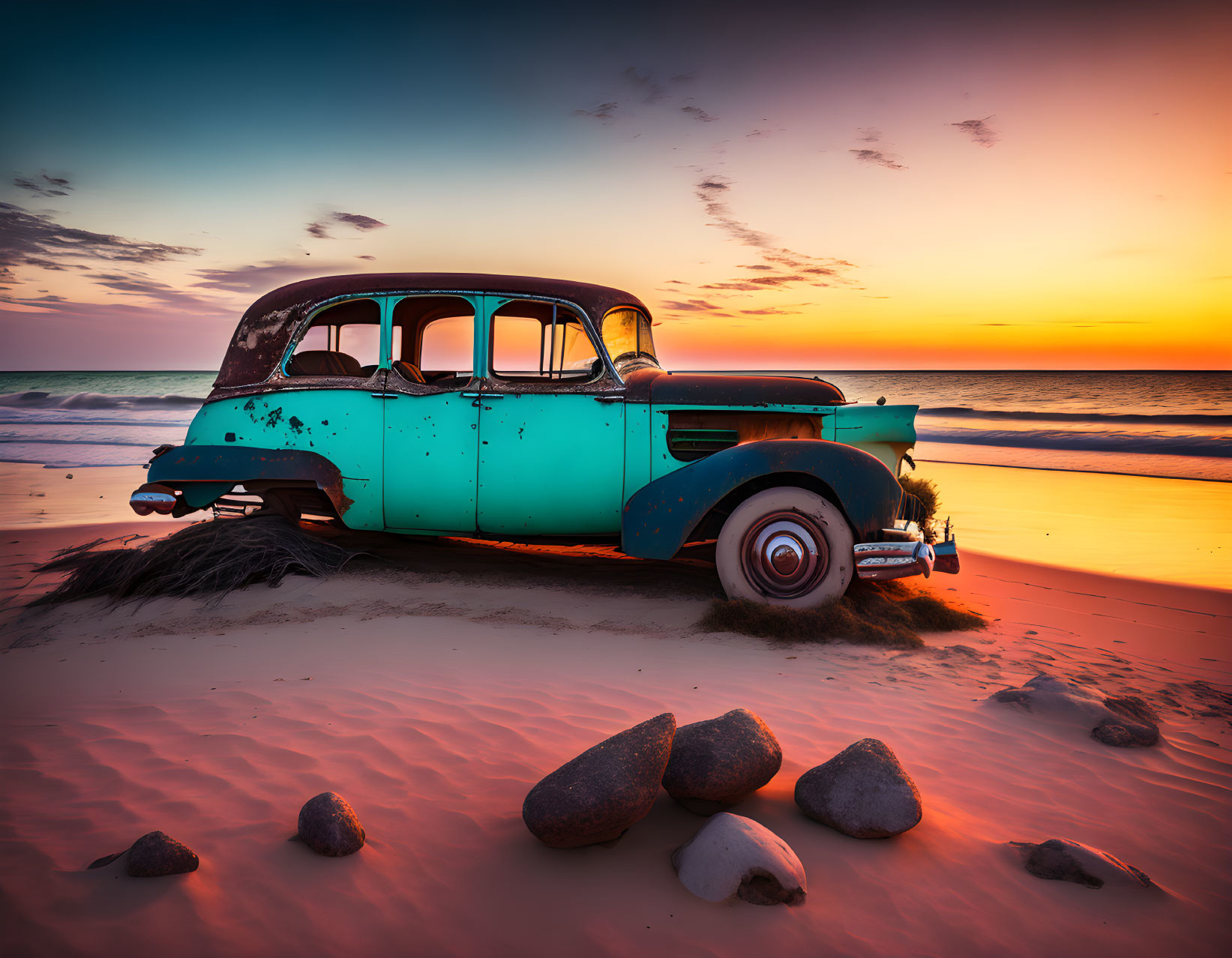 Abandoned vintage blue car on sandy beach at sunset