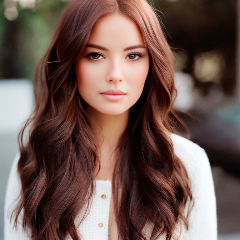 Woman with Long Wavy Brown Hair and Green Eyes in White Top Pose with Soft-focus Background