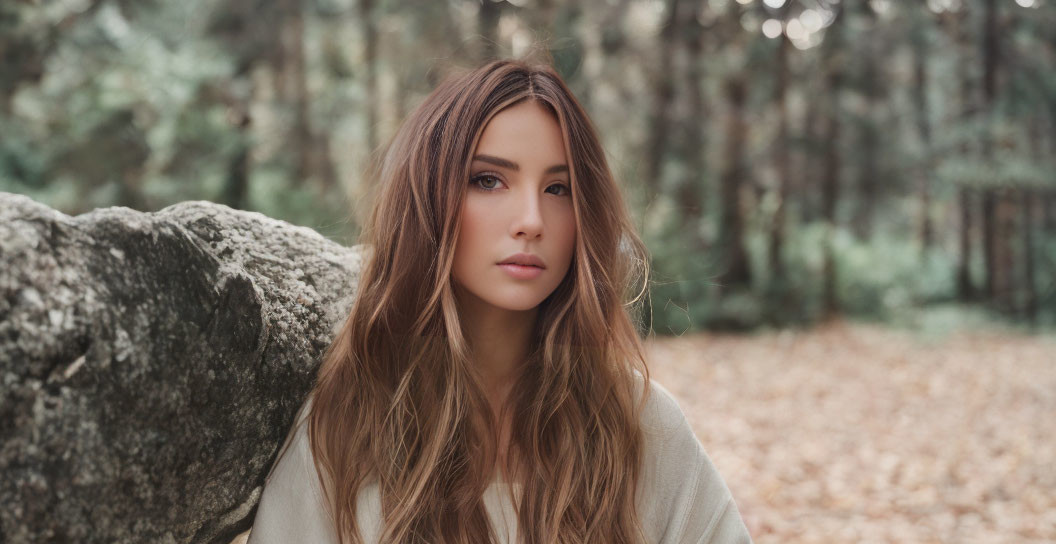 Serene woman with long brown hair in forest setting