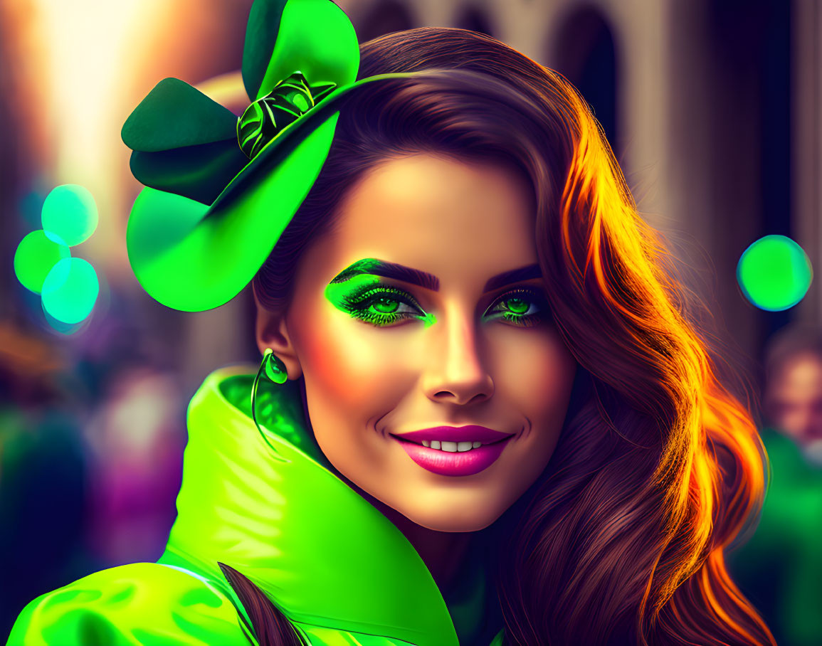 Vibrant green-eyed woman in hat at lively street celebration