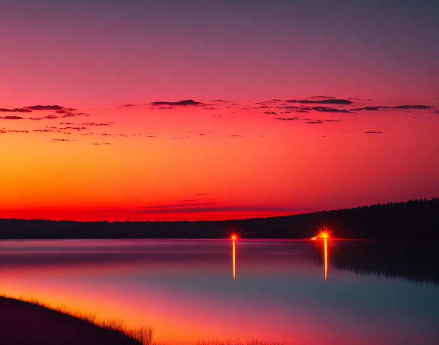 Tranquil lake with vivid pink and purple sunset reflections