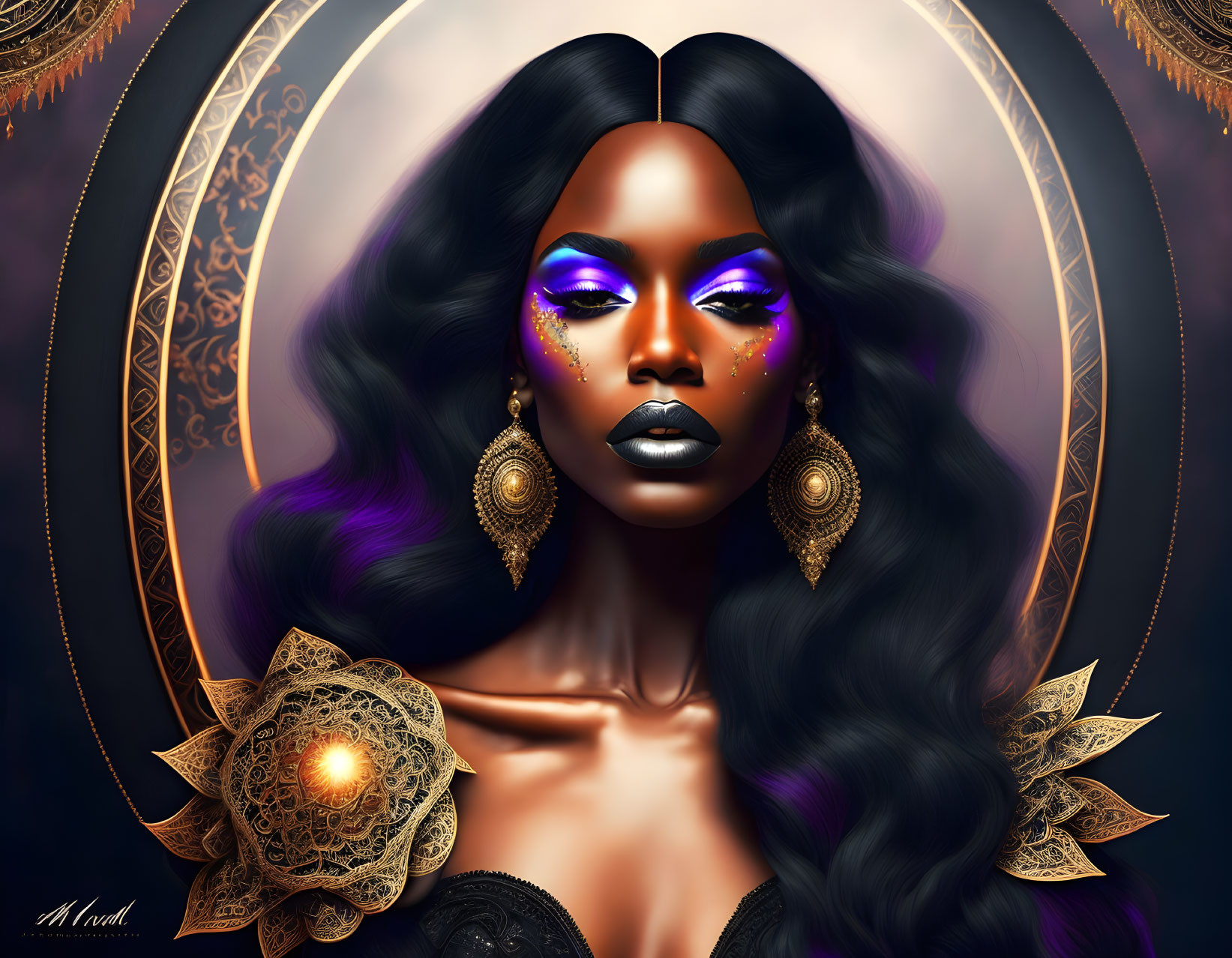 Dark-skinned woman with purple eyeshadow and long hair in digital portrait