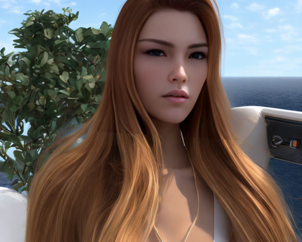 3D-rendered image of woman with auburn hair in white top by serene ocean