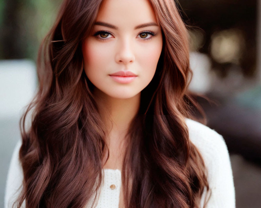 Woman with Long Wavy Brown Hair and Green Eyes in White Top Pose with Soft-focus Background