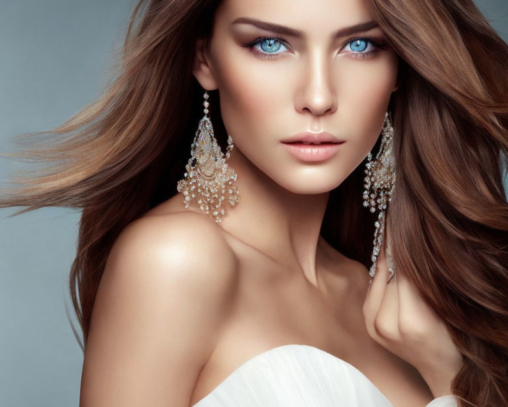 Woman with Blue Eyes and Brown Hair in White Dress & Chandelier Earrings