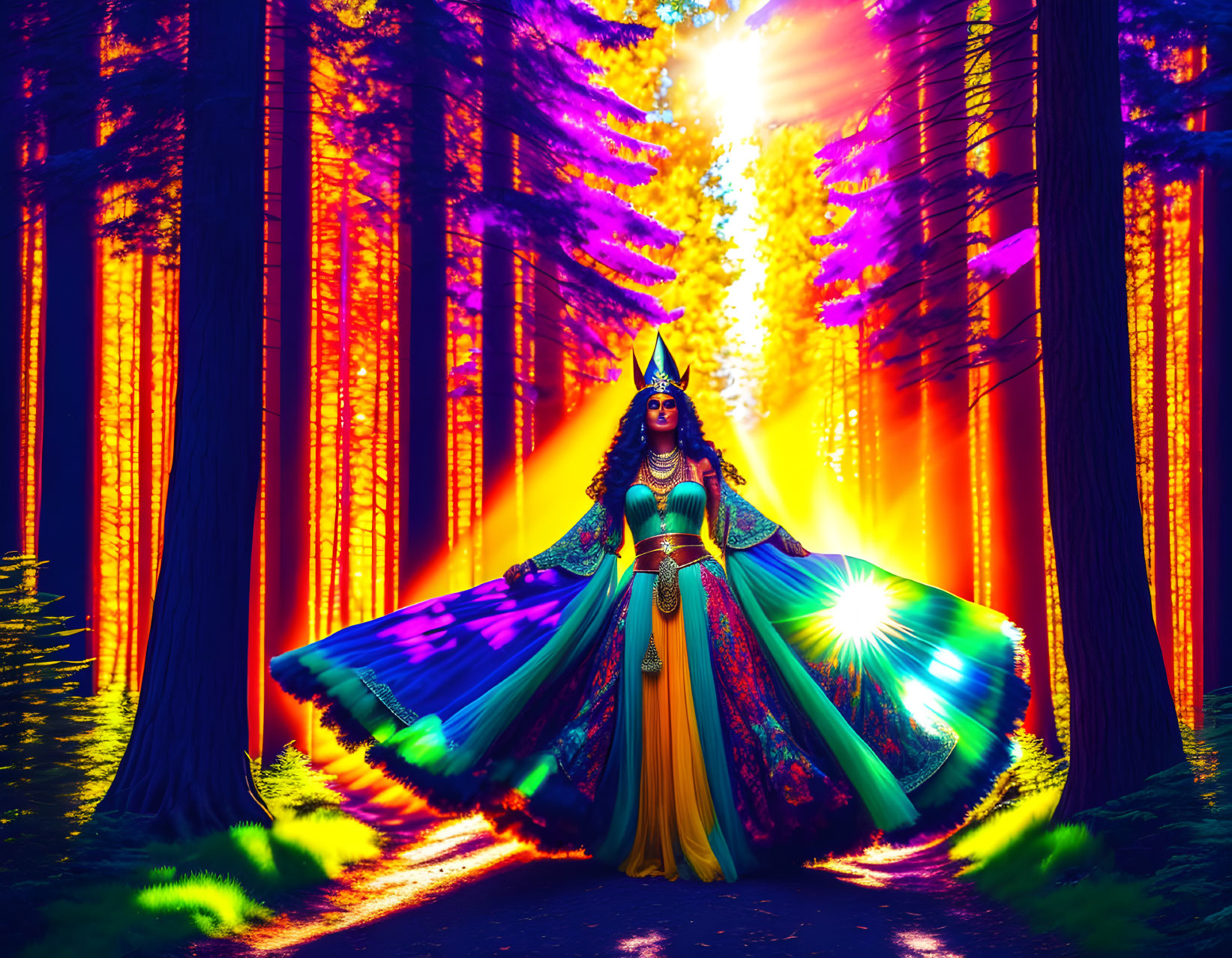 Regal Figure in Vibrant Costume in Mystical Forest