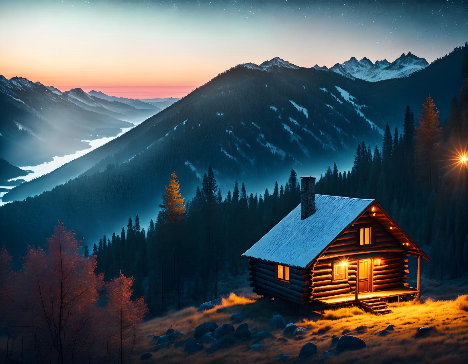 Mountain cabin at dusk with snow-capped peaks and river view