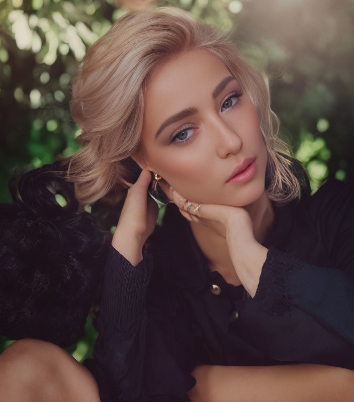 Blonde Woman with Blue Eyes in Black Top Poses Against Green Foliage