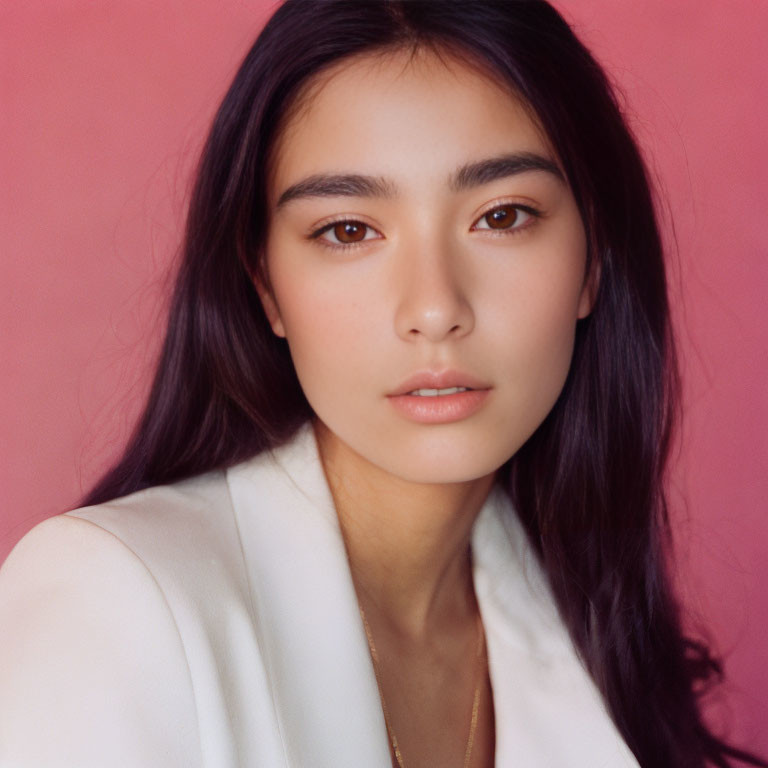 Young woman with long dark hair in white blazer and gold necklace on pink background