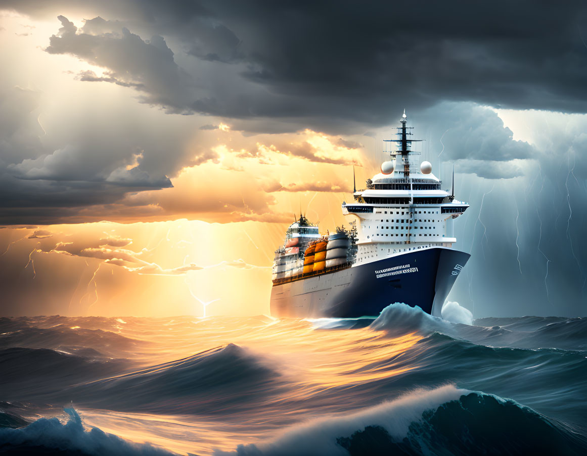 Cargo ship navigating stormy seas under dramatic sky