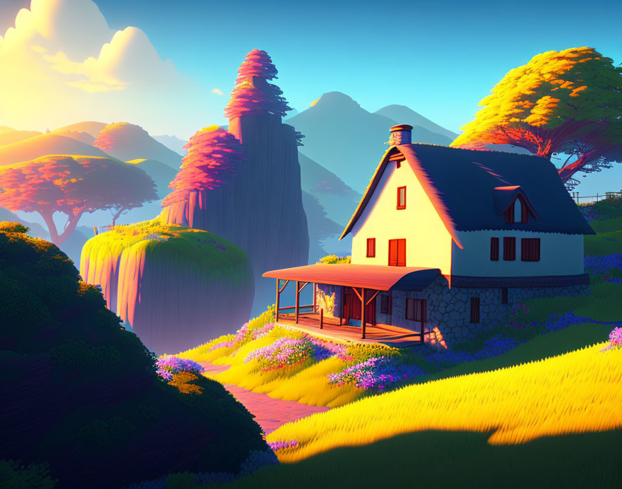 Tranquil animated landscape with cottage, fields, waterfall, and mountains at sunset