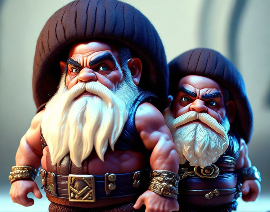 Stylized dwarf figurines with beards, leather outfits, and helmets