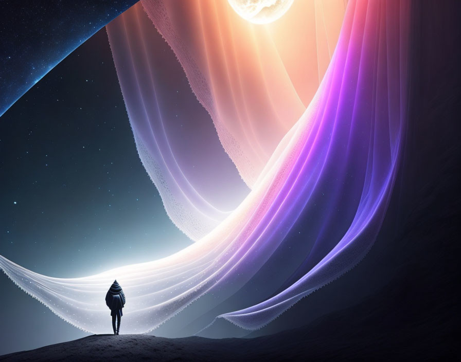 Person standing on dark alien landscape under surreal purple and pink auroras