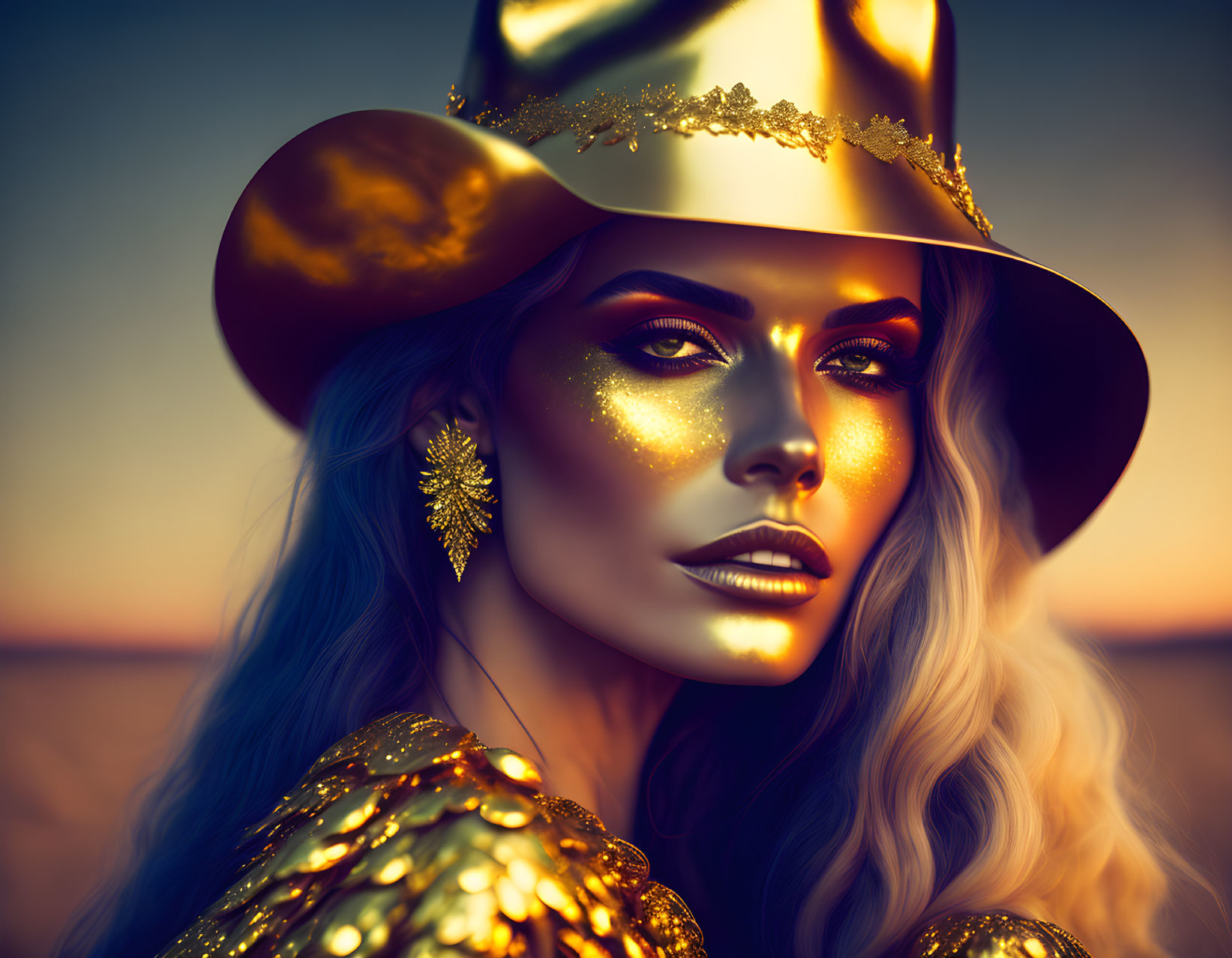 Golden-skinned woman in golden hat and earrings against sunset