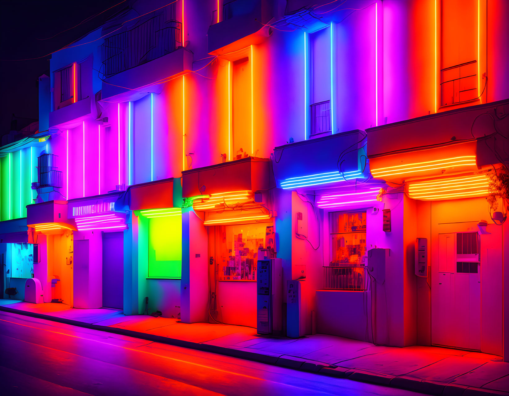 Night scene: Row of buildings with vibrant neon lights casting colorful glow.