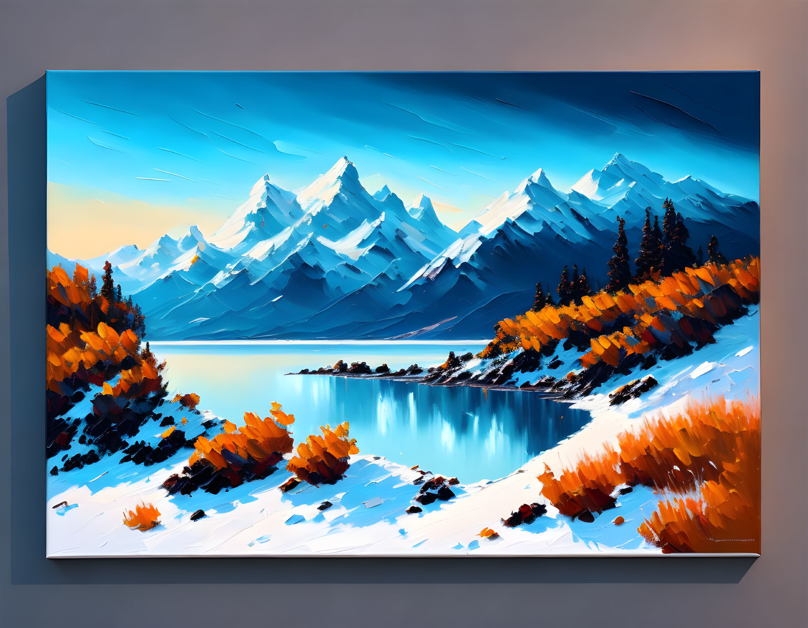 Mountainous Landscape Painting with Blue Lake and Autumn Foliage