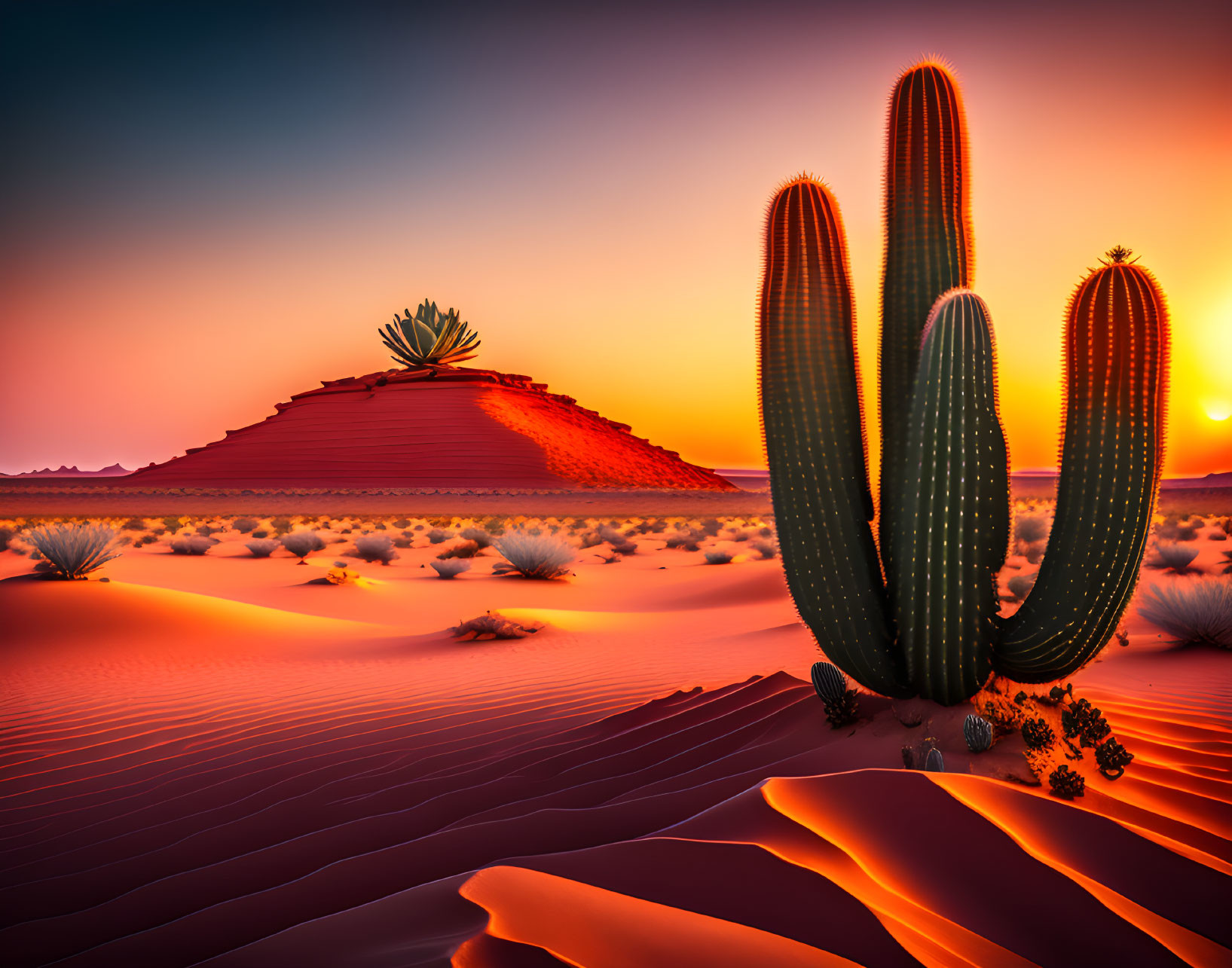 Desert sunset with sand dunes, cactus, and orange sky