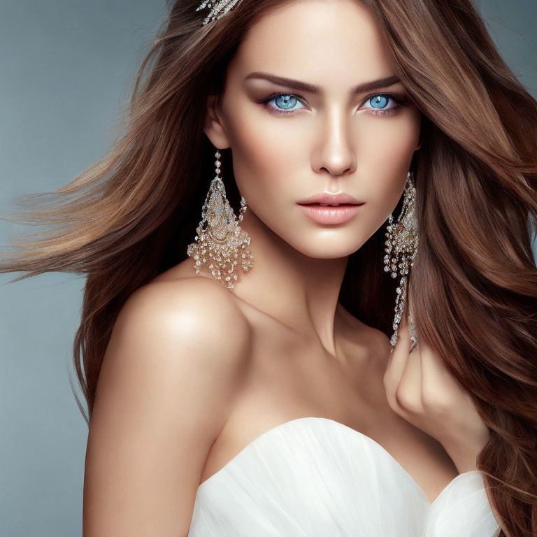 Woman with Blue Eyes and Brown Hair in White Dress & Chandelier Earrings