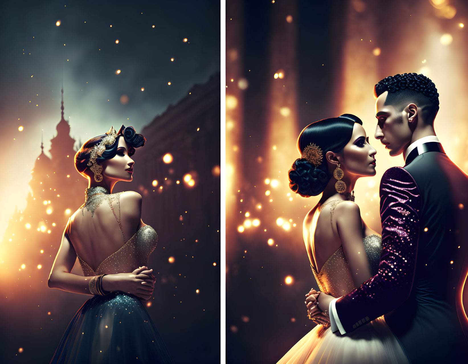 Stylized image of elegant couple embracing in vintage city backdrop