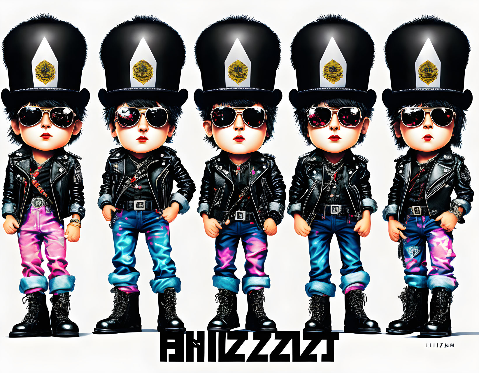 Six cartoon characters in police attire with oversized heads on white background