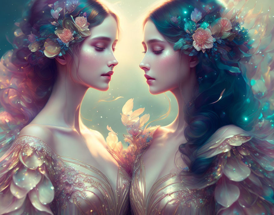 Ethereal female figures adorned with flowers and feathers in serene fantasy ambiance